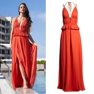 Dress The Population Athena Halter Maxi Gown Dress Poppy Orange Size Large NEW